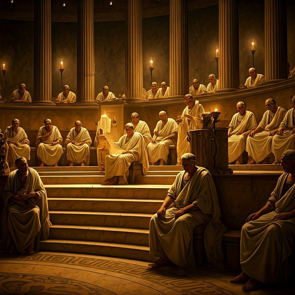 Roman senators listening to a colleague reading a scroll in a candlelit chamber, showing advisory power