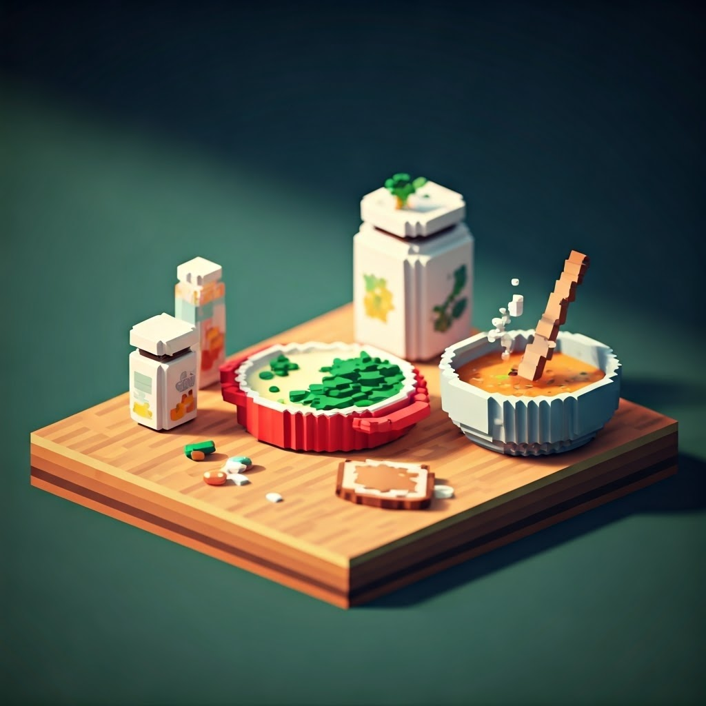 Voxel kitchen scene with spinach omelet, lentil soup, whole-wheat toast, and supplement bottles.