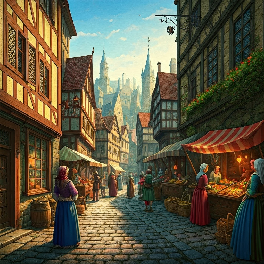 A surreal watercolor collage of a bustling Renaissance town at dawn, with lively markets and cobblestone streets.