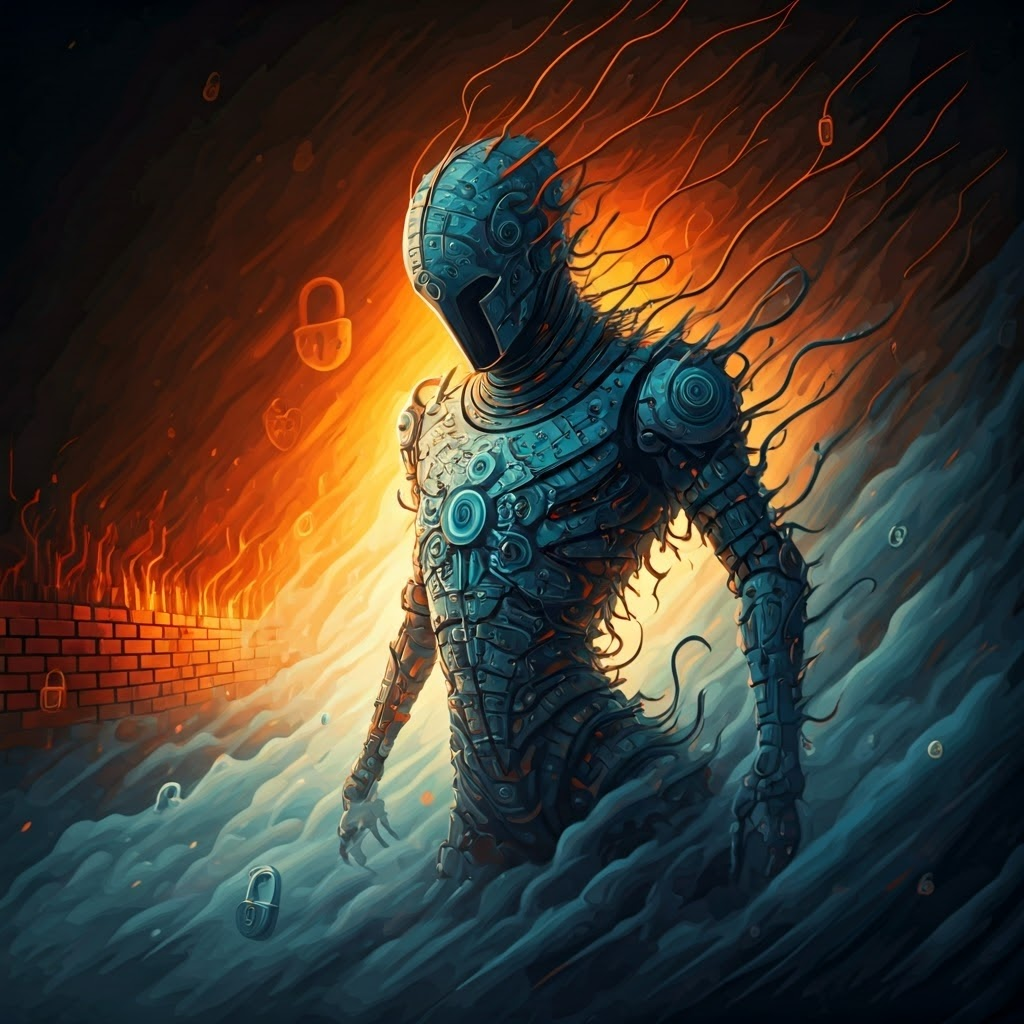 Surreal scene of a shapeshifting malware creature cycling through worm, Trojan horse, and robot forms amid dissolving firewalls.