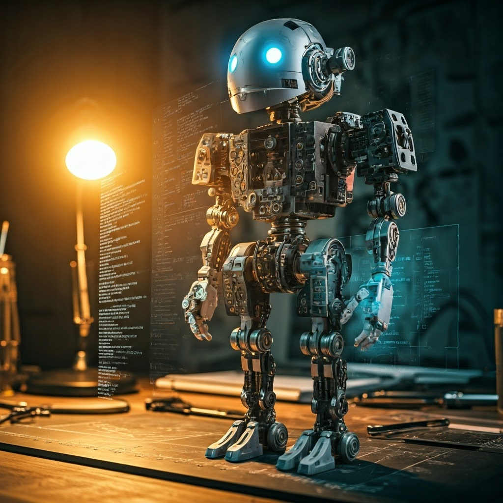 A workbench scene with a half-built robot and floating code snippets illustrating structured testing