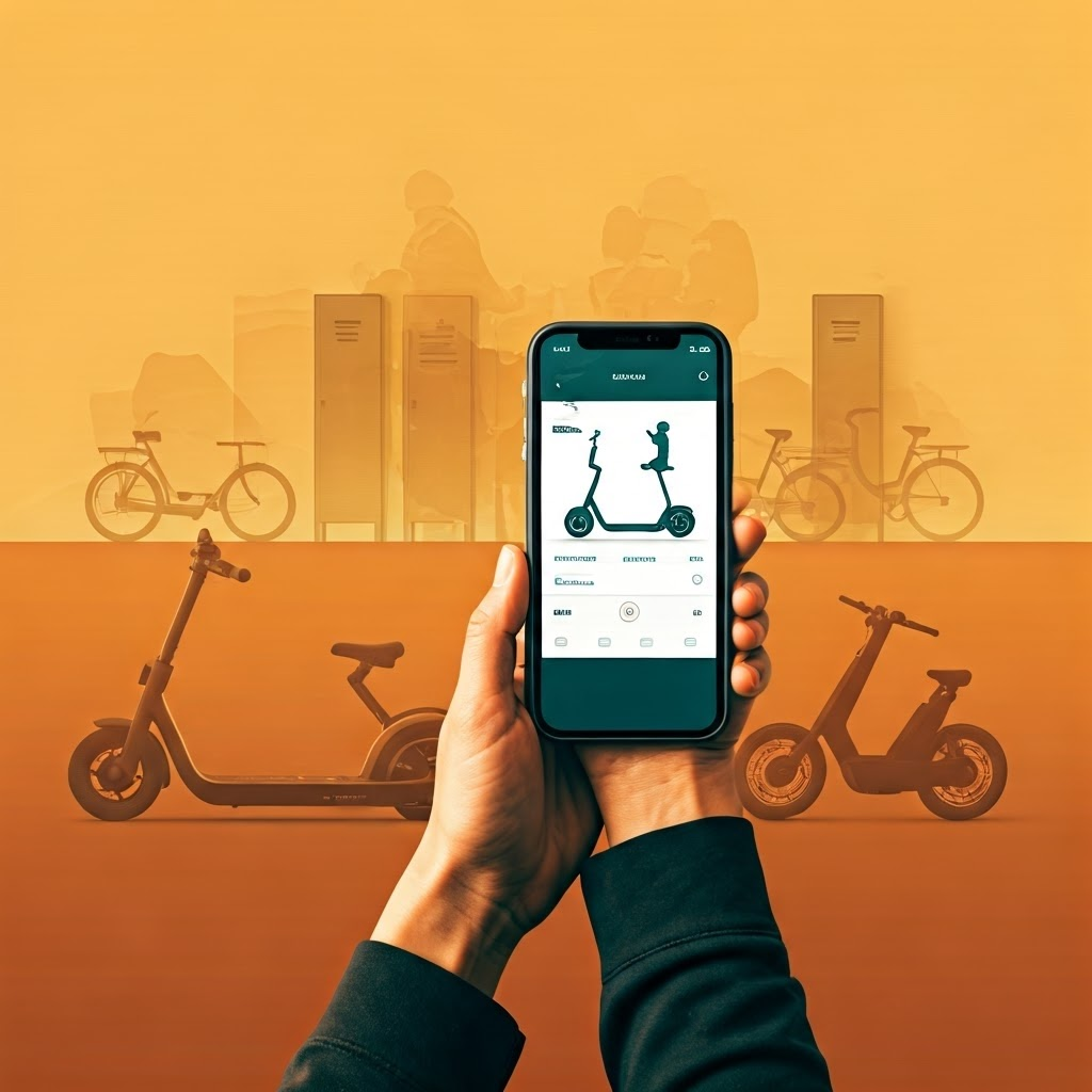 Person comparing a personal scooter to a smartphone app for shared rides, with floating images of various fleet options.