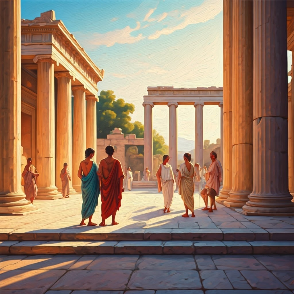 A soft pastel ancient Greek agora, people in conversation under warm light.