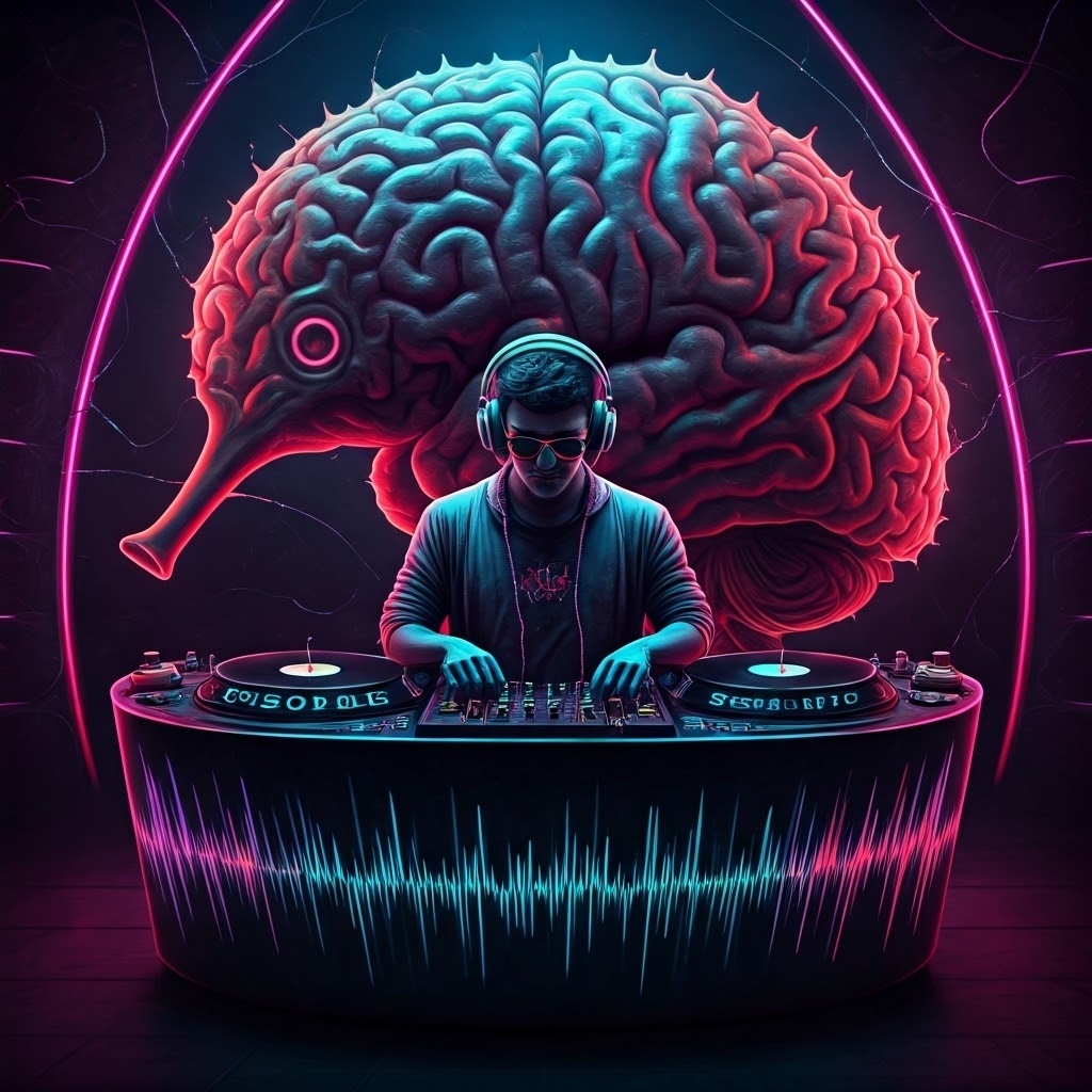 Neon-lit DJ booth shaped like a seahorse brain mixing vinyl records labeled Episodic and Semantic, symbolizing the hippocampus blending personal and factual memories.