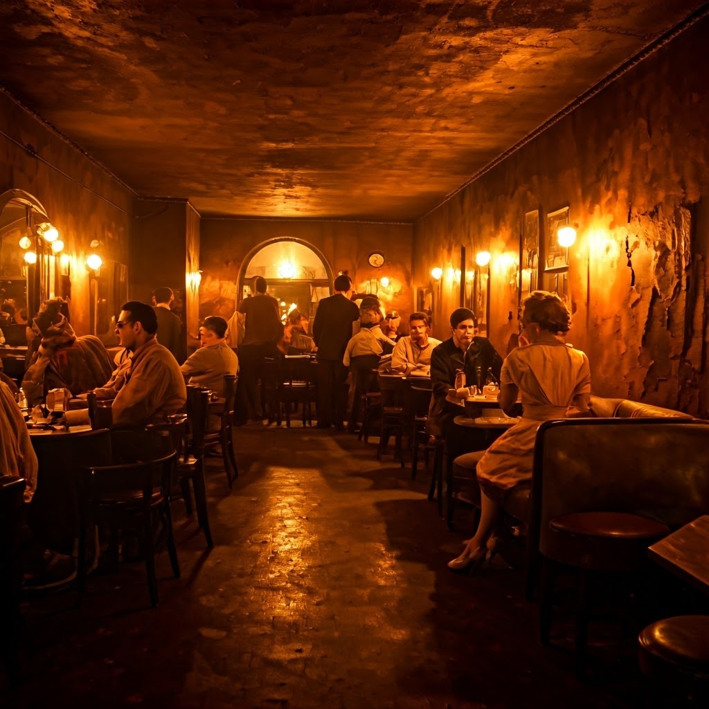 1960s hidden LGBTQ bar where patrons quietly socialize, showing covert nightlife under threat of police raids.