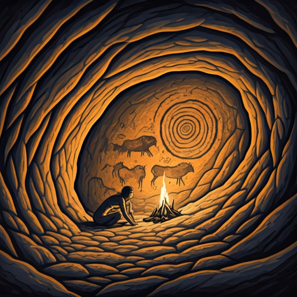 Prehistoric artist paints bison and horses by torchlight inside a cave, showcasing early human creativity.