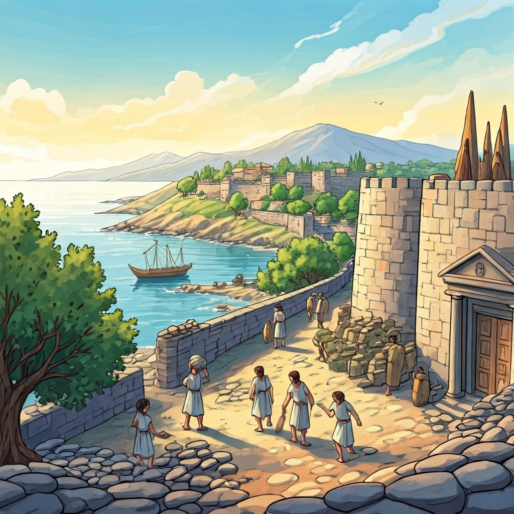 Hilltop hamlets encircling a sheltered harbor, illustrating village isolation and cooperation