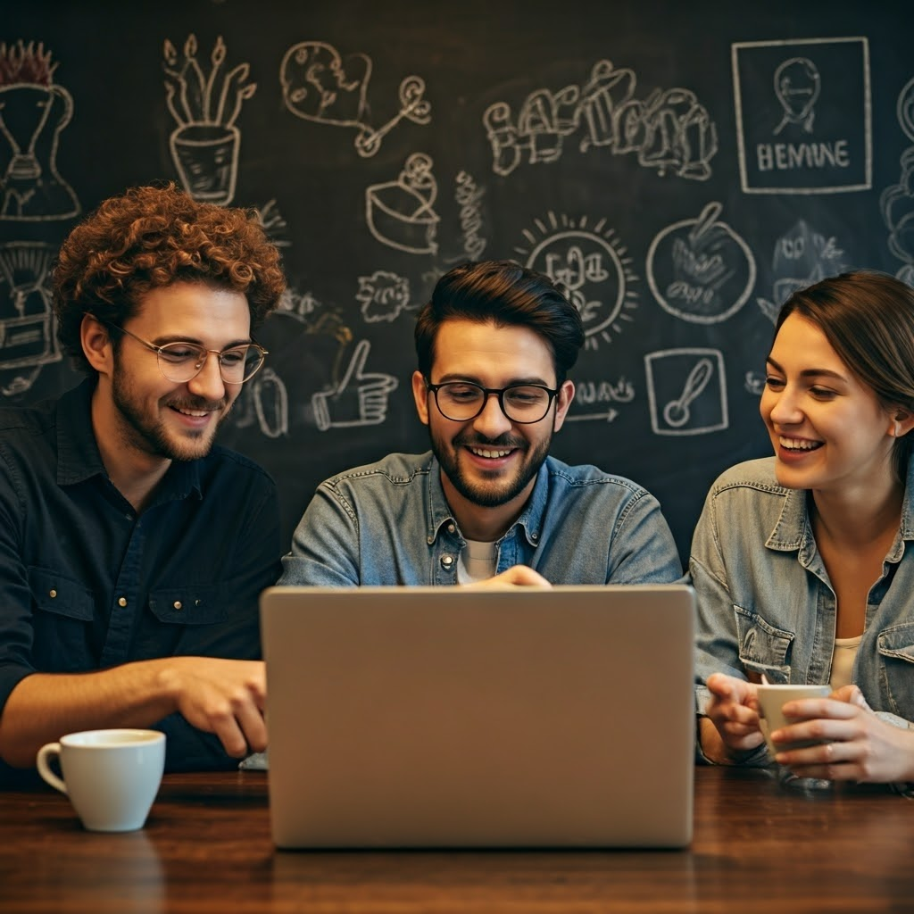 A cozy coffee shop scene where friends gather around a laptop screen, pointing at a viral meme with laughter. A chalkboard wall behind them displays doodles of political symbols and mental health icons. Style: warm cinematic film still with shallow focus, natural window light, textured grain, and candid composition emphasizing community building and meaningful conversation sparked by memes.