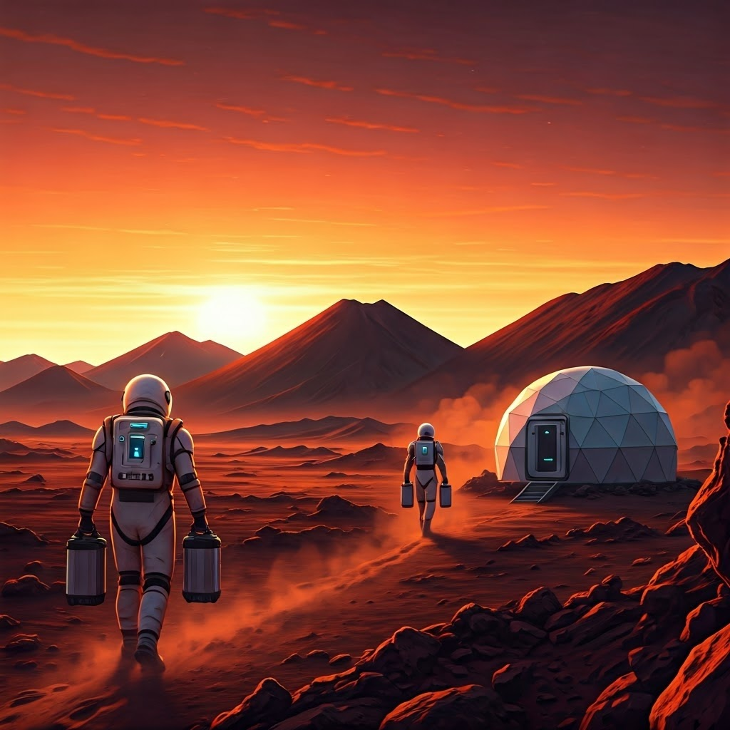 Analog astronauts in white suits cross a red dusty plain toward their dome habitat under a fiery sunset.