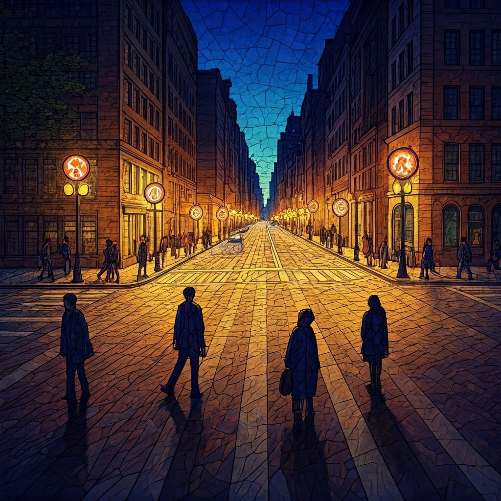 Twilight city intersection where glowing street signs show icons for gender, race, and ability—roads crisscross to show overlapping identities.