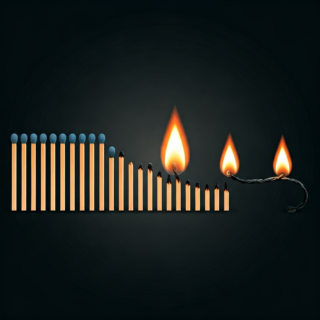 Minimalist vector row of matches igniting sequentially to represent signal propagation.