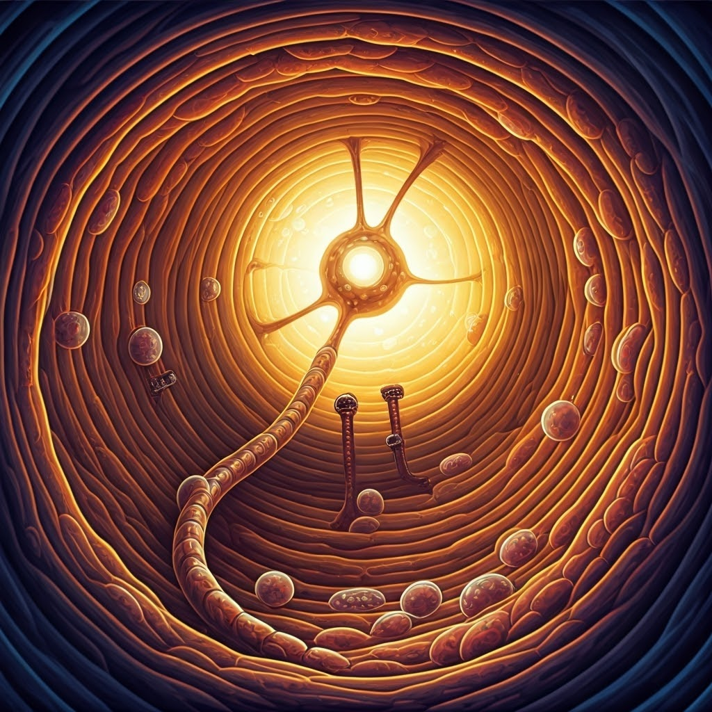 Cozy control room inside a neuron showing energy hubs and floating molecules
