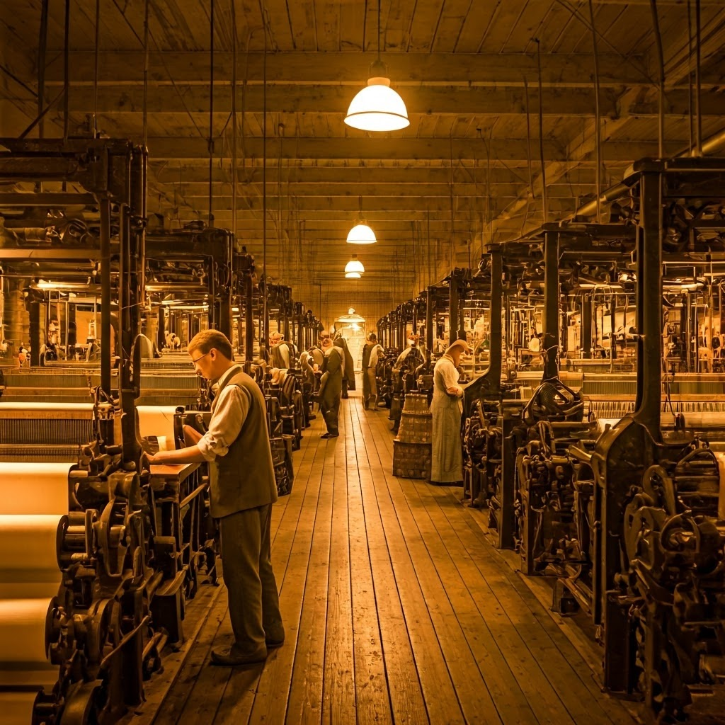 19th-century textile mill packed with steam-powered looms, workers, and glowing gas lamps, illustrating the birth of mass production.