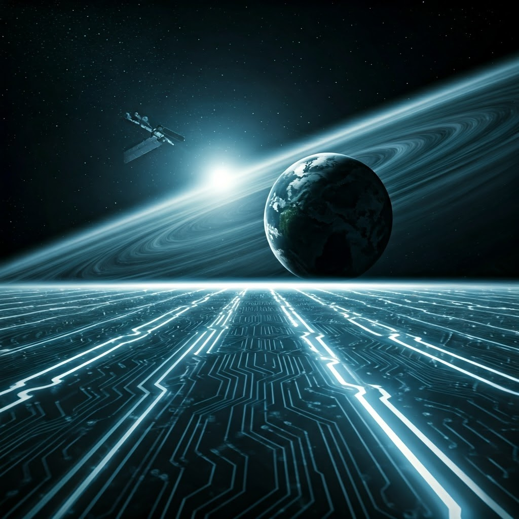 Abstract flow of glowing electrons linking orbiting satellites around Earth, symbolizing managed energy exchange