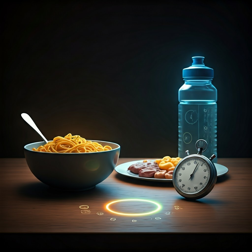 Still-life of pasta, balanced meal, water bottle, and stopwatch glowing with color-coded energy halos.