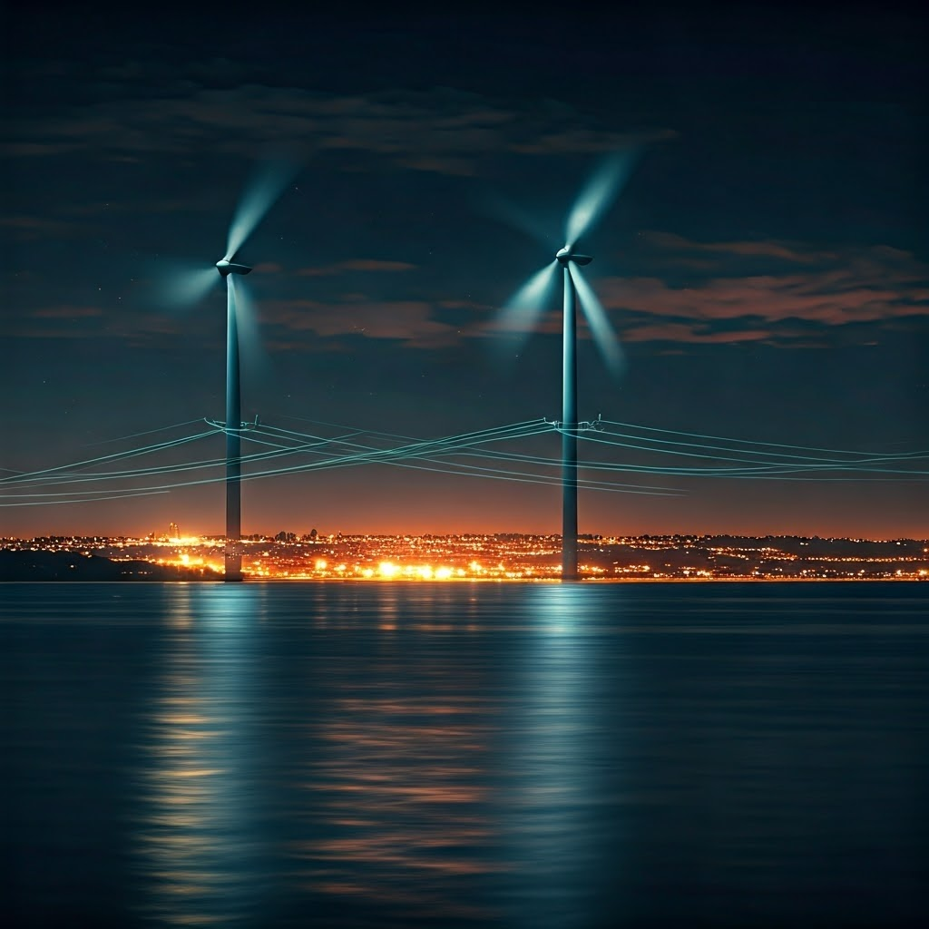 Coastal wind farm feeding electricity to a glowing city at dusk.