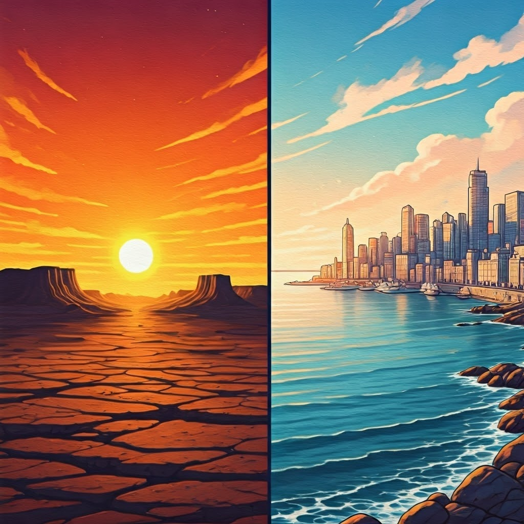 Split scene of desert temperature swings and stable coastal climate.