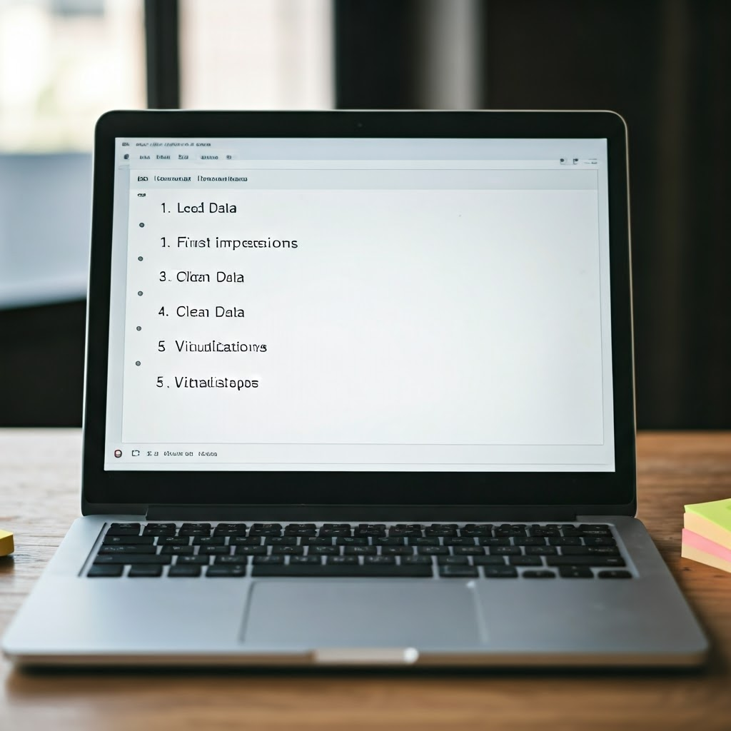 Laptop showing numbered notebook sections: Load Data, First Impressions, Clean Data, Visualizations, Notes and Next Steps.
