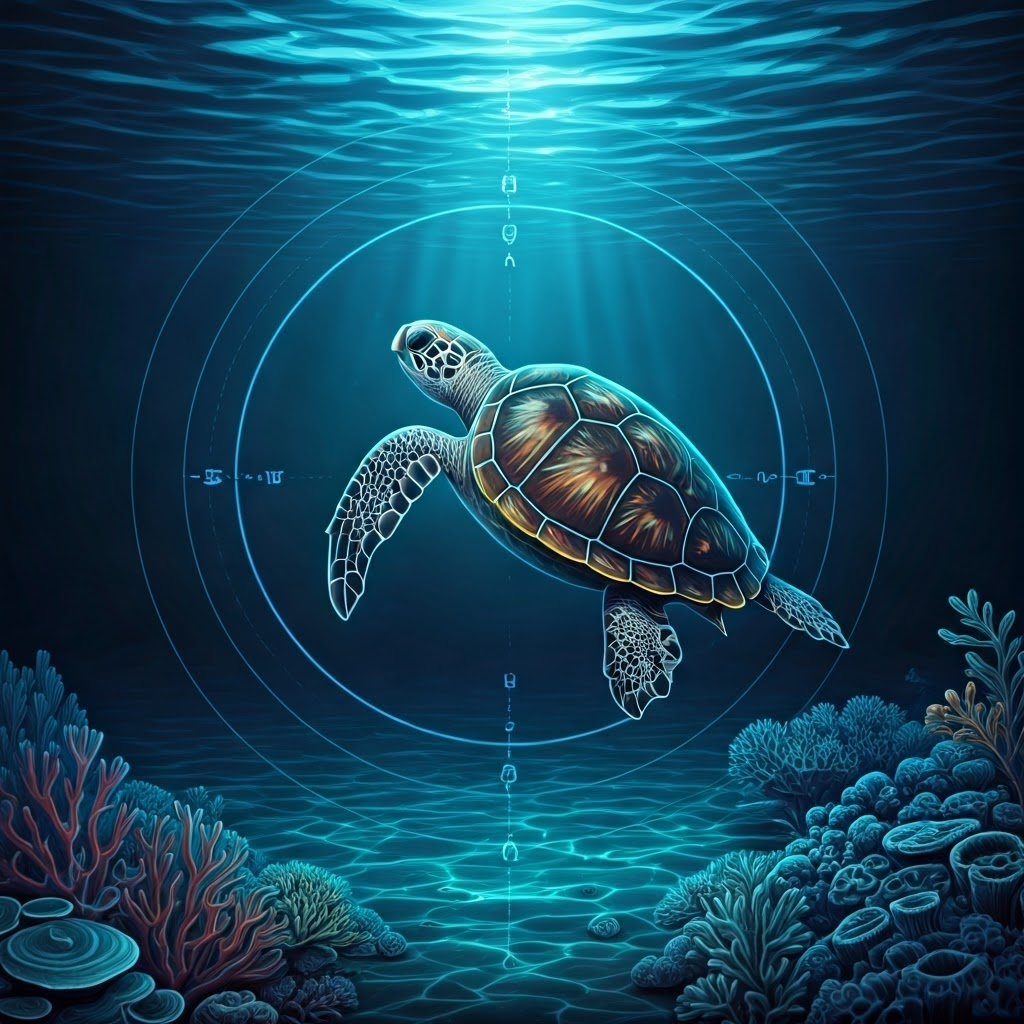 Neon blueprint of a loggerhead sea turtle swimming beneath glowing arcs that represent Earth’s magnetic field