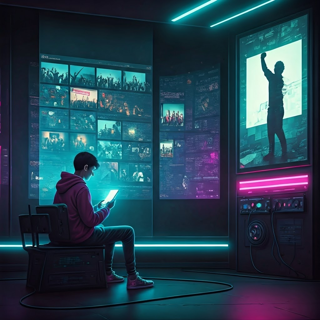 Teen in neon-lit room scrolls a holographic phone, surrounded by floating screens of global protest scenes.