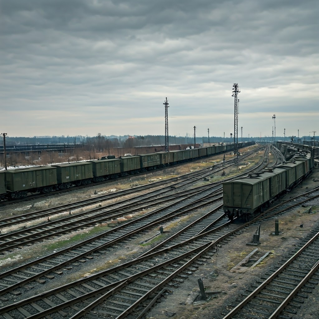 Winter rail yard with munitions trains and field kitchens heading east