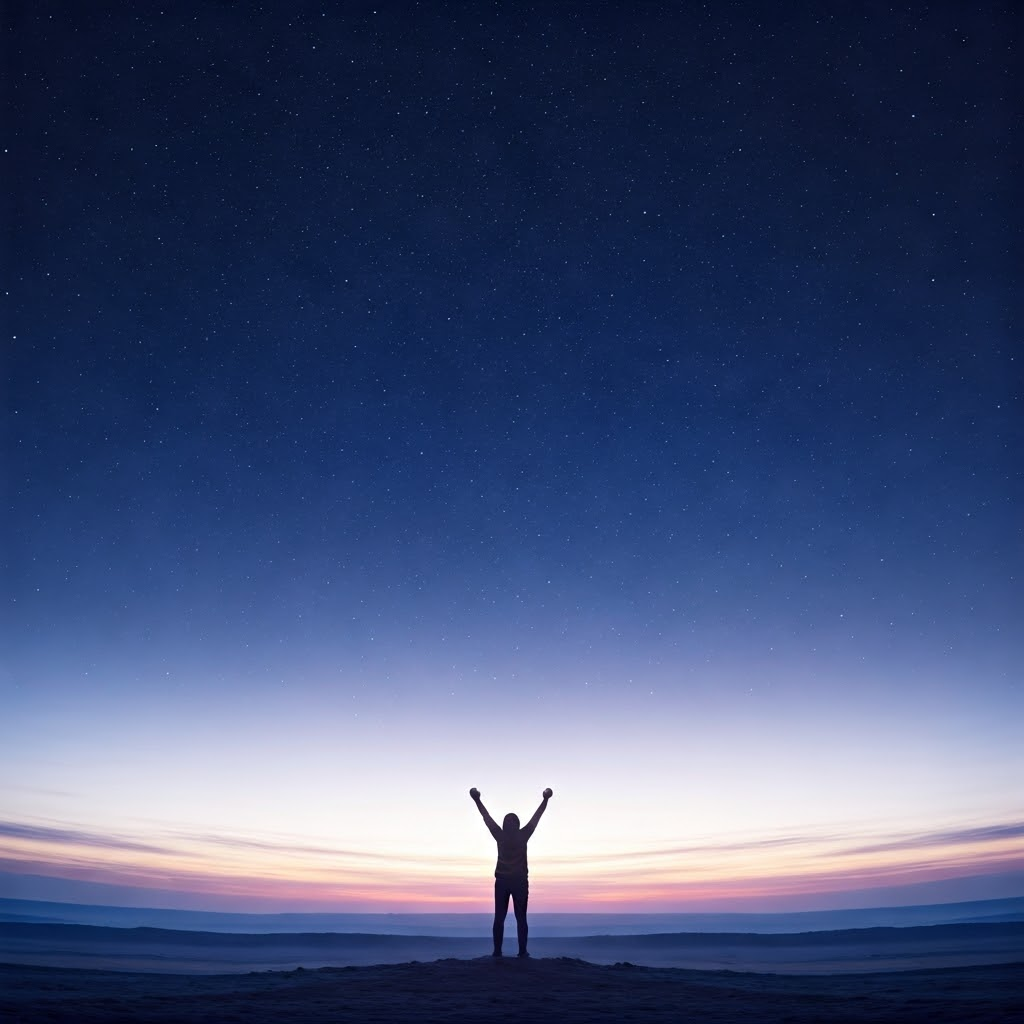 Person standing beneath a brilliant night sky of thousands of stars over a purple-blue landscape