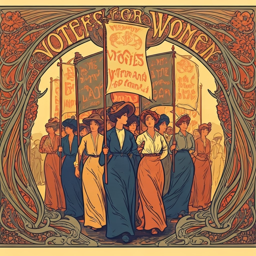 Poster-style illustration of marching women holding colorful “Votes for Women” banners