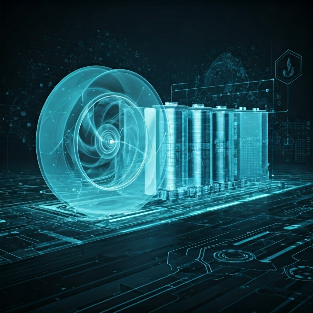 Cutaway graphic showing batteries, fuel cells, and a spinning flywheel linked by energy flow arrows