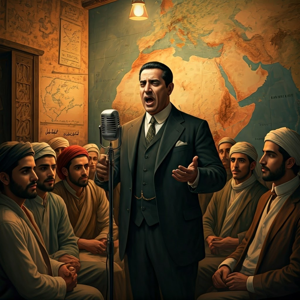 Nasser speaks into a vintage microphone, Middle East map behind him, young Arabs listen—voice that sought regional unity