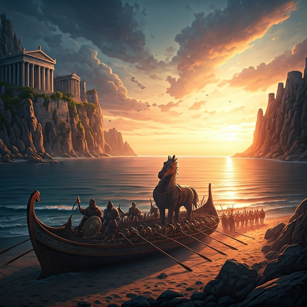 Greek warriors haul wooden horse toward Troy under watchful gods at sunset.