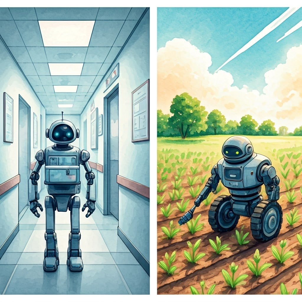 Watercolor of a hospital delivery robot and farming bots zapping weeds, portraying specialized autonomy