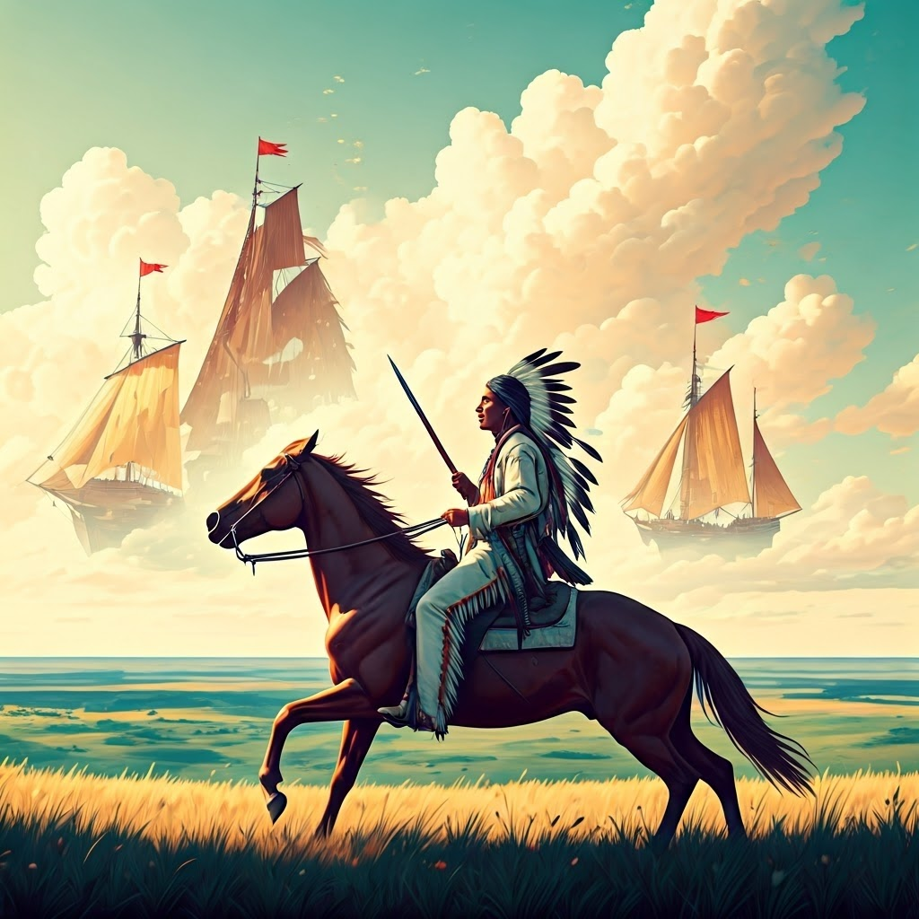 Comanche horsemen blend with drifting clouds and distant Spanish sails, hinting at sudden power shifts.