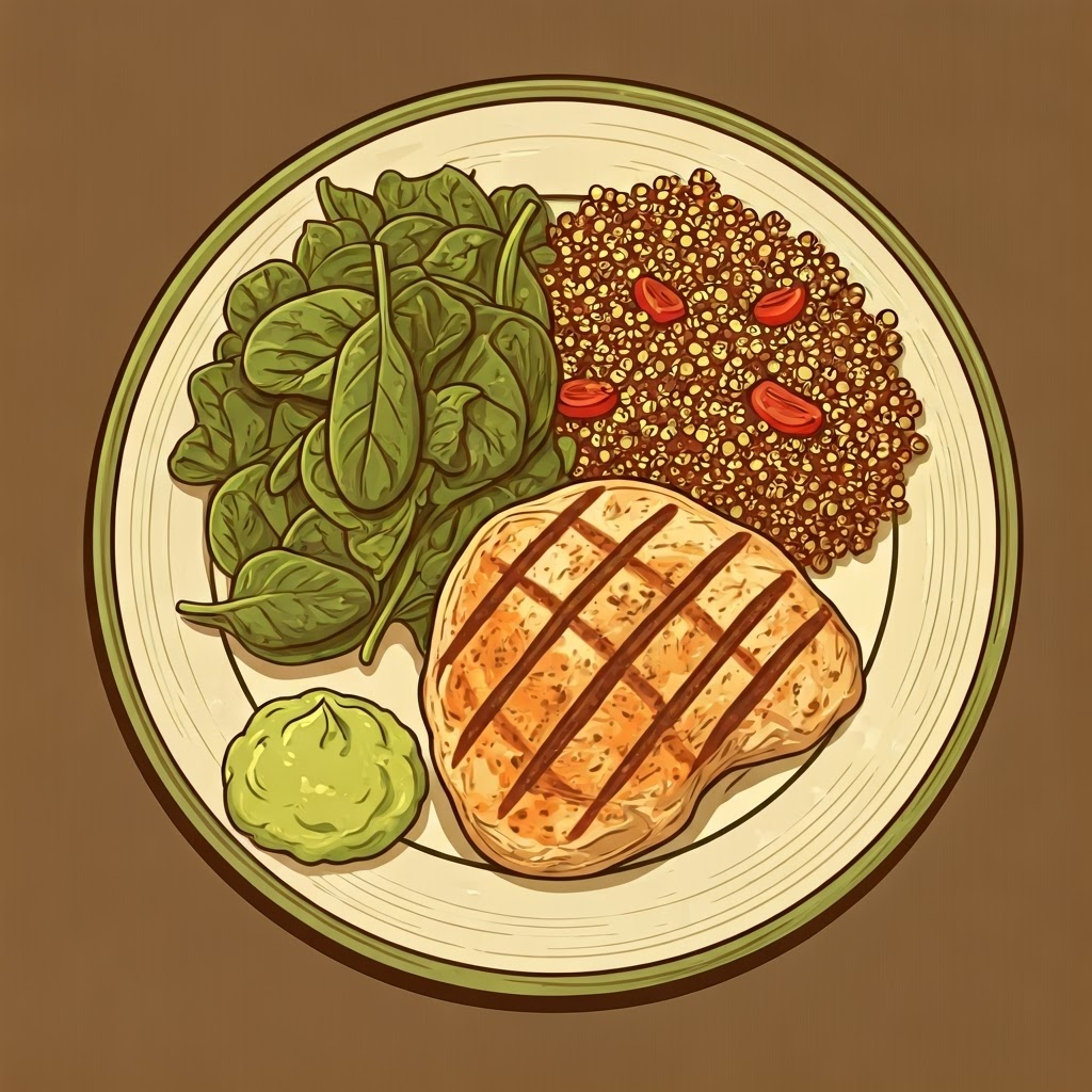 Vintage plate: palm-sized chicken, fist of greens, cupped quinoa, thumb of avocado
