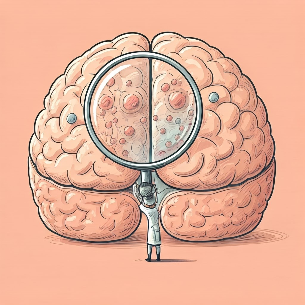 Pastel brain sketch dotted with colored gene clusters and a tiny researcher using a magnifying glass, highlighting hidden neural networks.