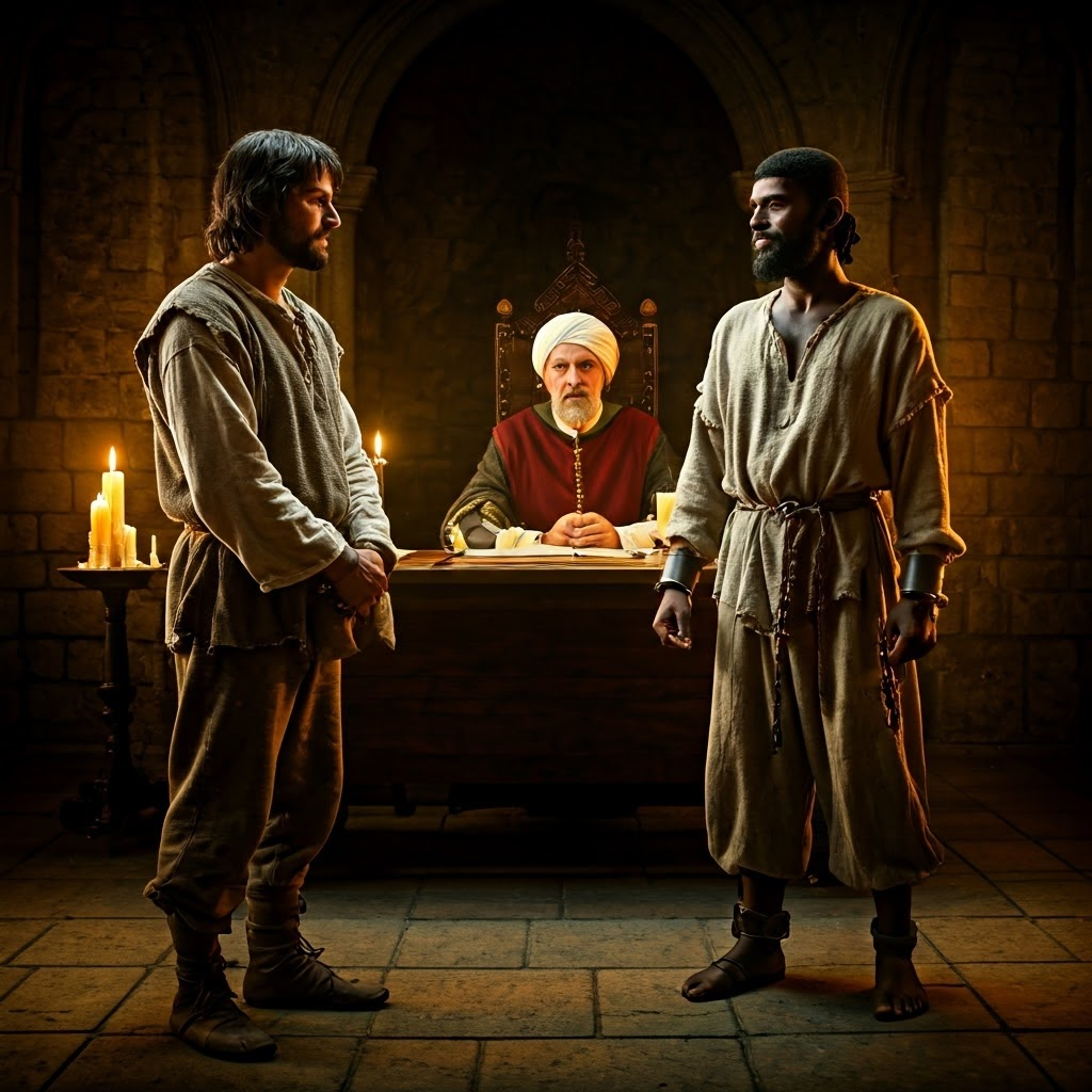 A candlelit hall where a serf with seed sack faces a slave with broken chains, highlighting different limits on freedom.