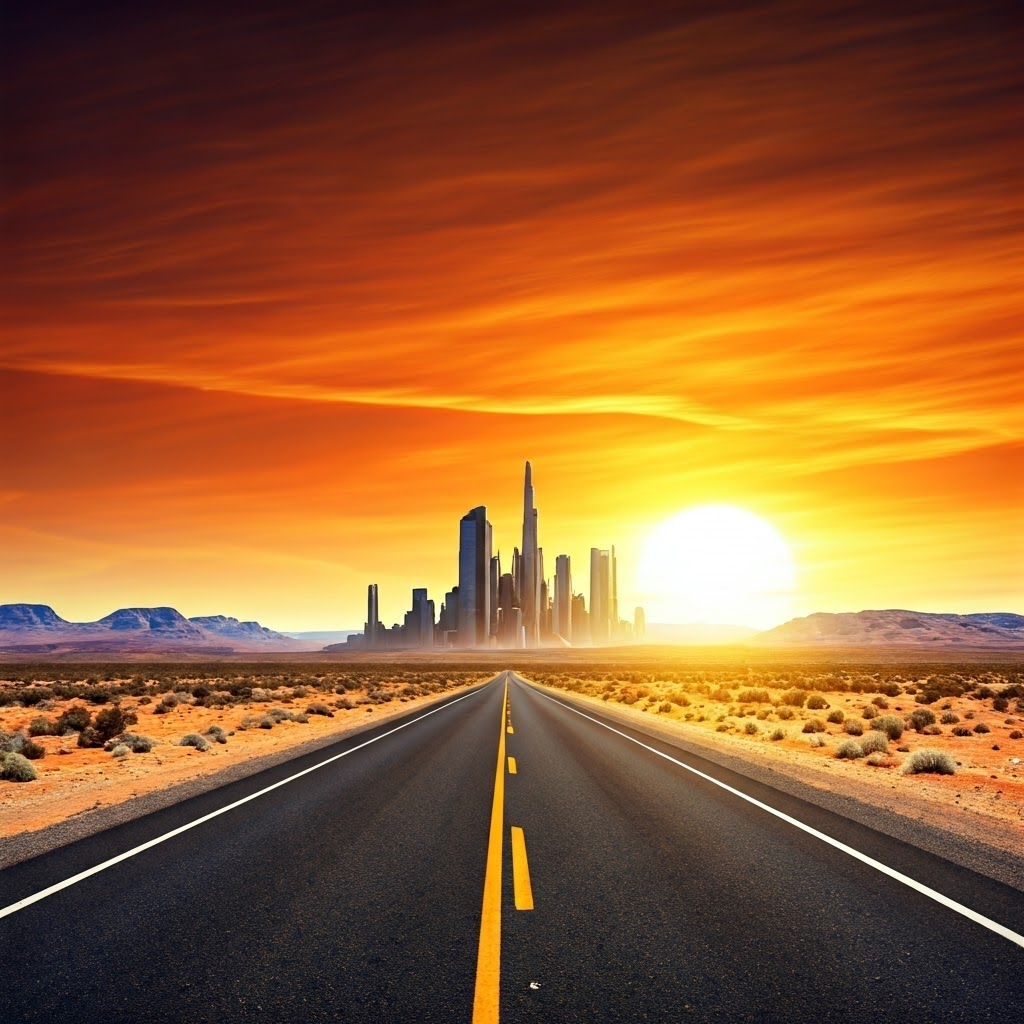 Lonely desert road under a blazing sun leading to a futuristic city skyline