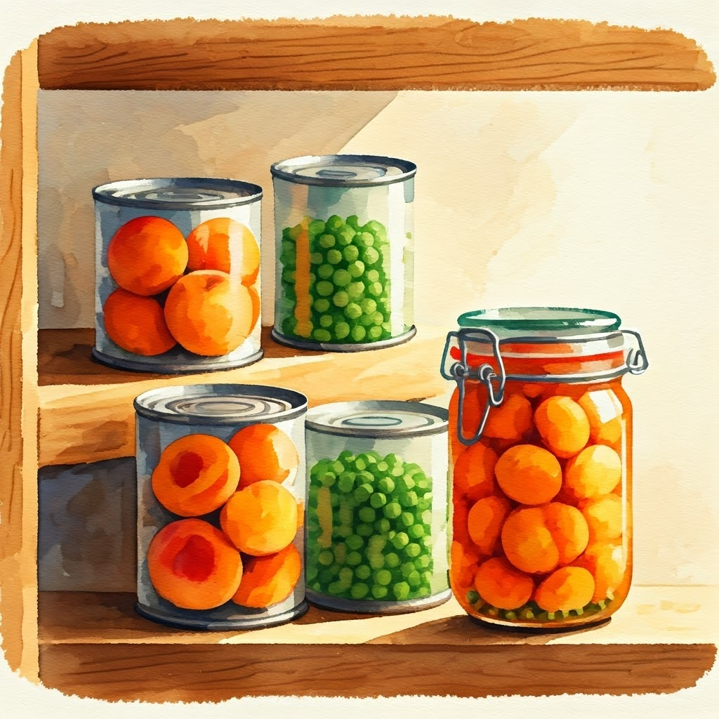 Watercolor pantry with neat rows of canned peaches and peas beside a jar of preserves under soft daylight.