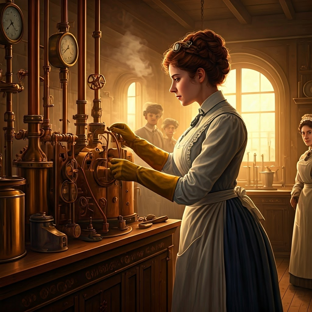 Josephine Cochrane adjusts gears on her prototype dishwasher amid copper pipes and rising steam, reflecting bold experimentation.