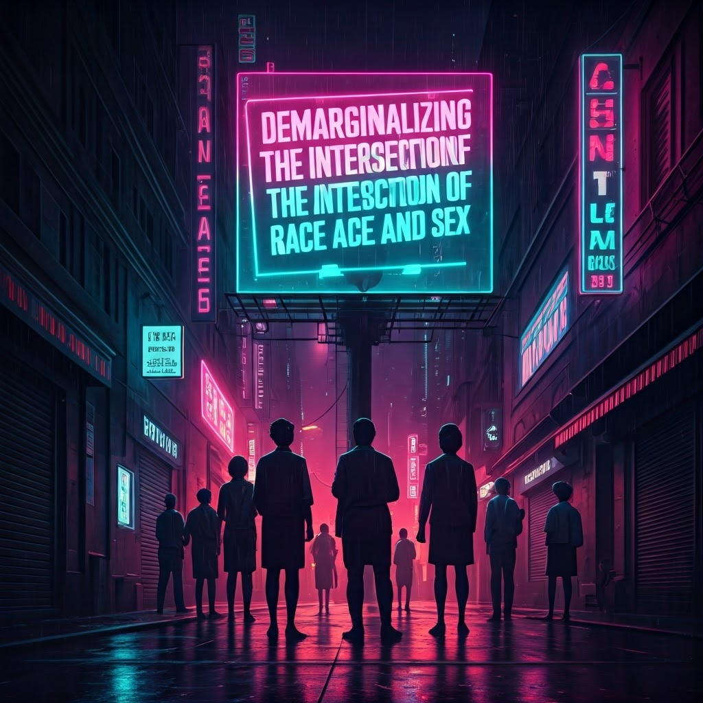 Neon cyberpunk alley with hologram reading “Demarginalizing the Intersection of Race and Sex”—birth of a theory.