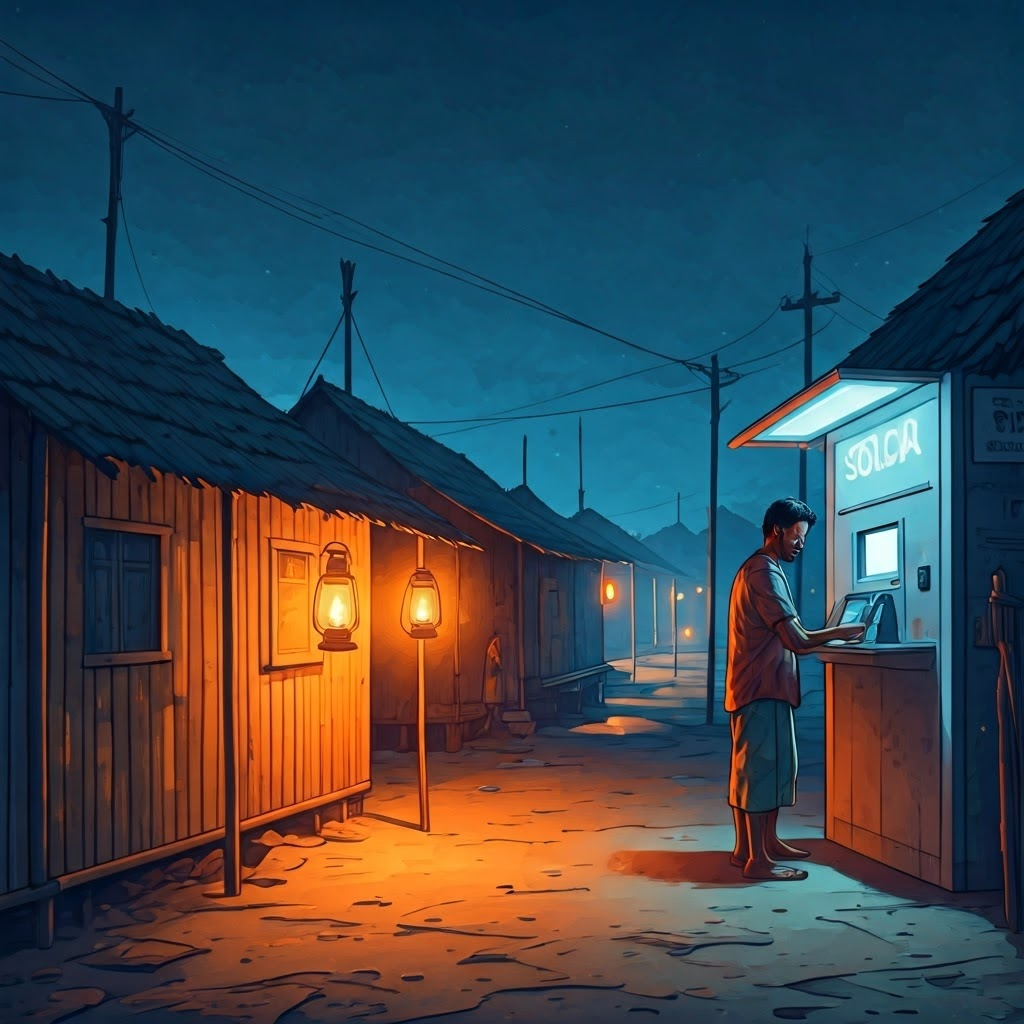 A Bangladeshi fishing village transitions from kerosene lanterns to a glowing solar mini-grid as locals pay small fees at a kiosk.