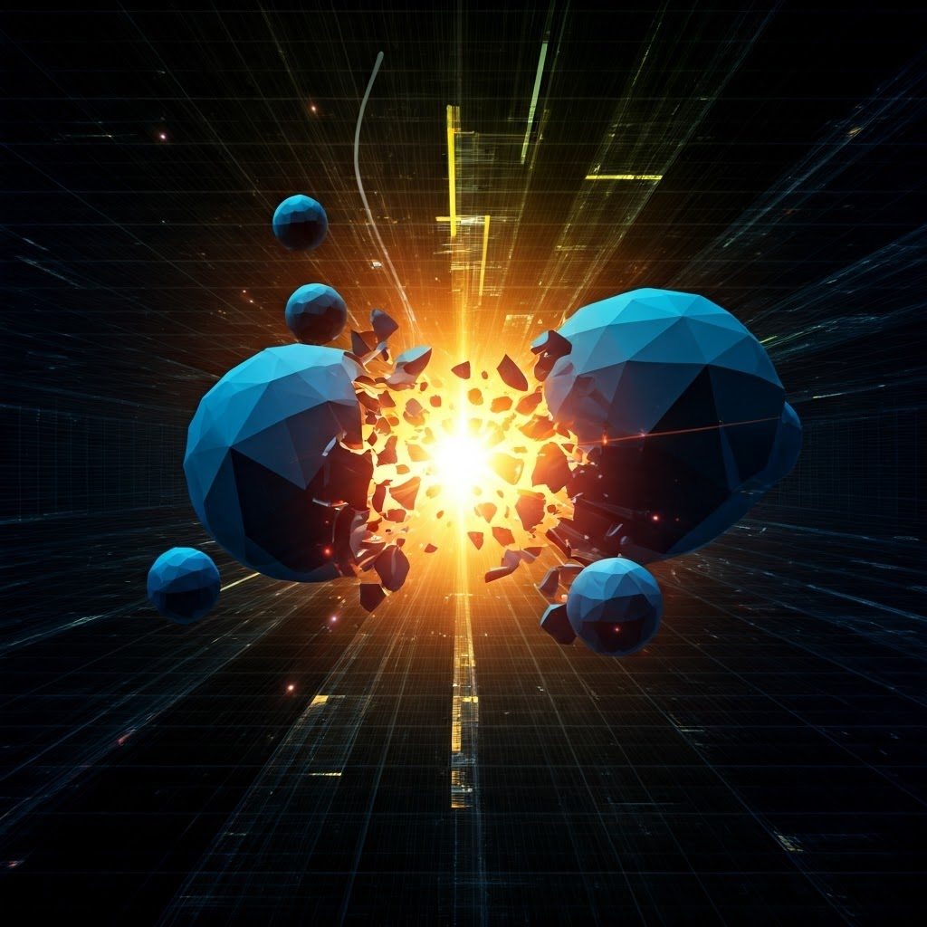 Glowing uranium atoms split, releasing vivid waves of orange energy against a dark cosmic backdrop, symbolizing nuclear fission