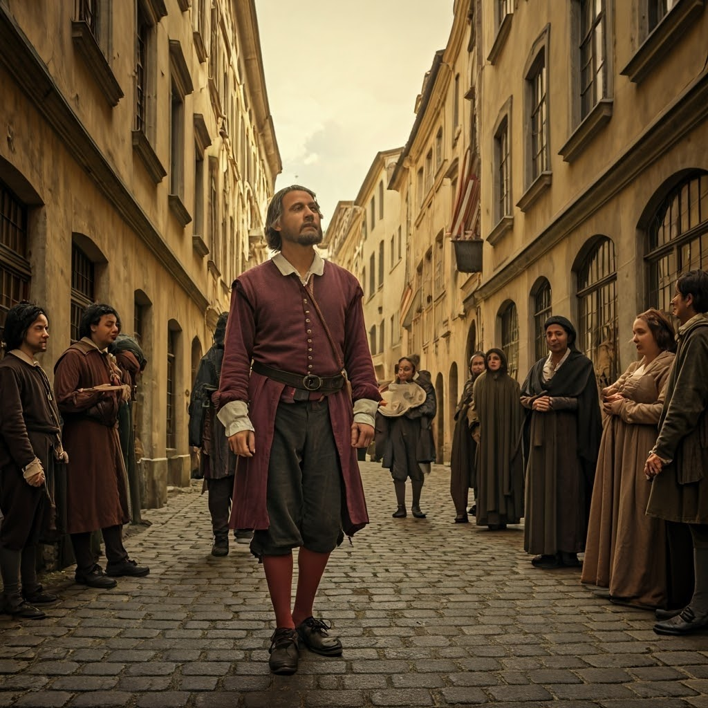 A lively street scene in Renaissance Europe with curious minds everywhere.