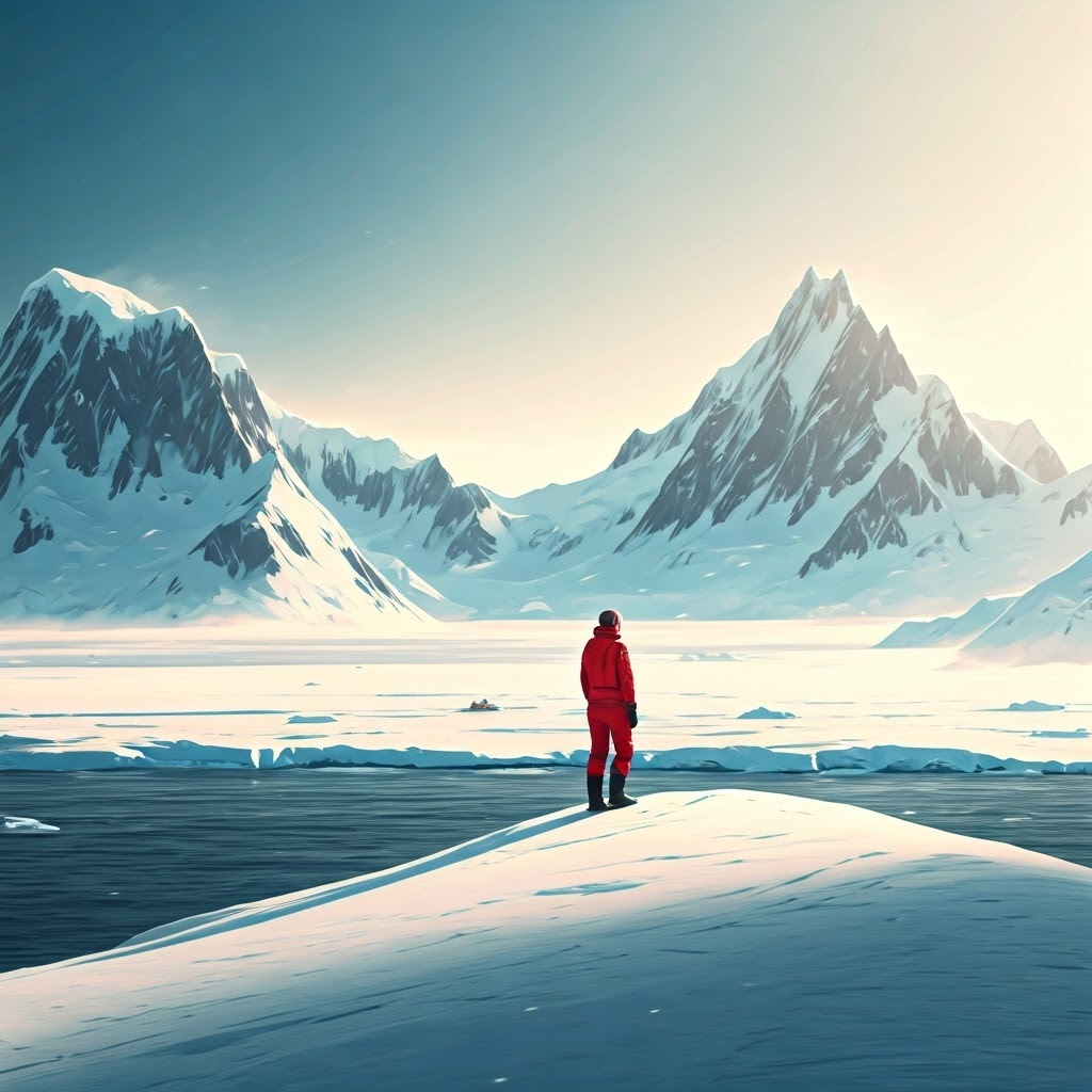 A geologist in a red suit surveys Antarctica’s icy plateau, jagged mountains poking through endless white—highlighting a vast, land-based wilderness.
