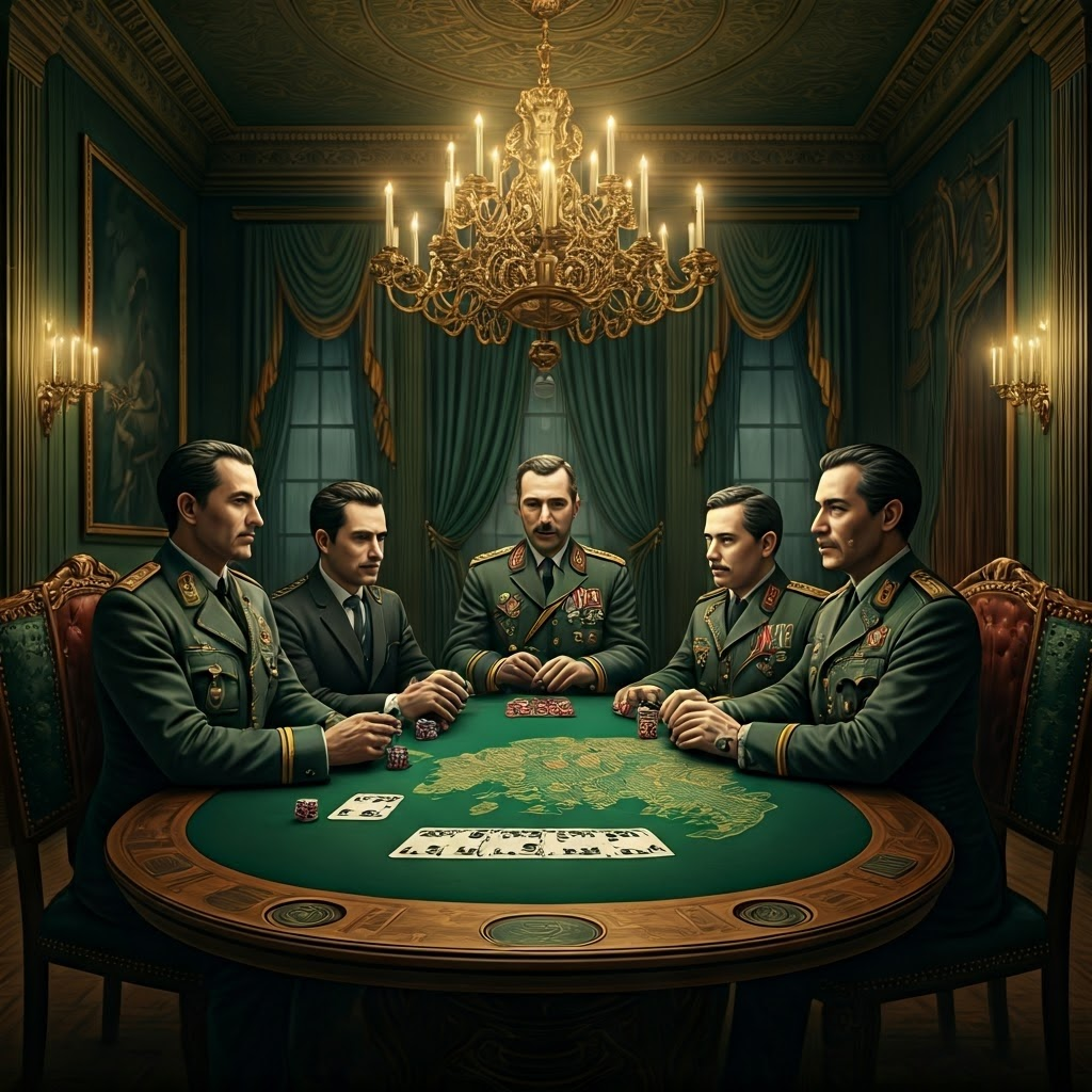 Diplomats at Potsdam sit like poker players, maps as cards, showing high-stakes negotiation over Europe.