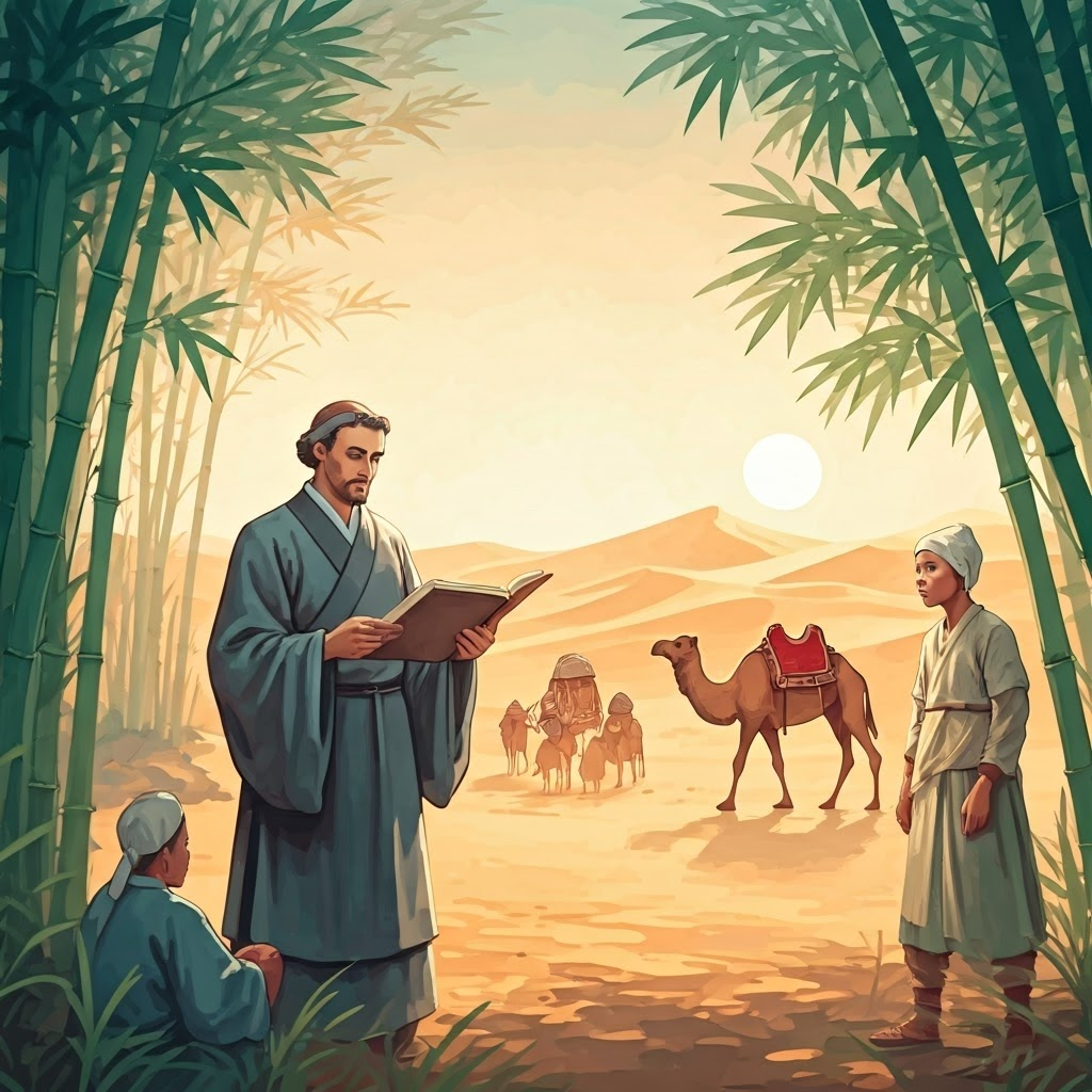 Jesuit Matteo Ricci in Chinese robes teaching locals beneath bamboo, with caravans crossing distant dunes, showing cultural exchange in Asia