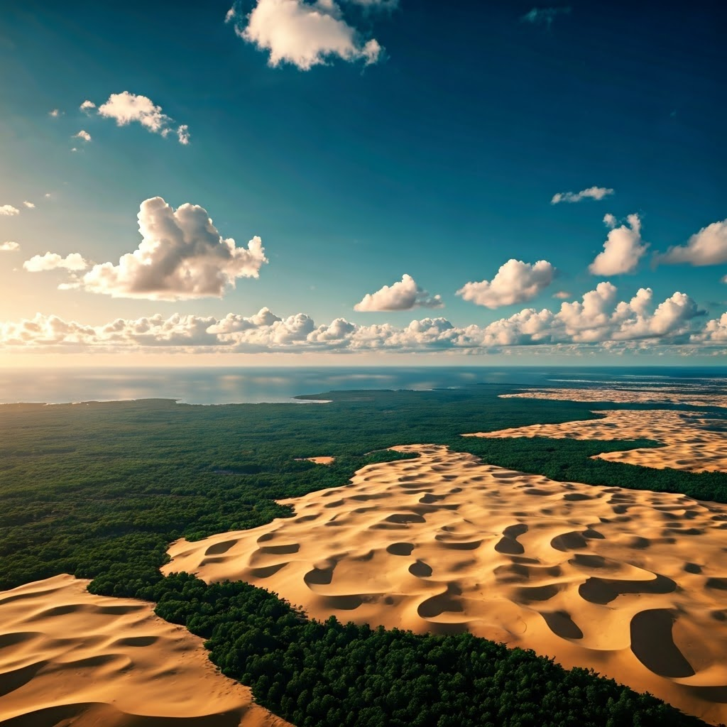 Drone view of desert, forest, ocean, and clouds showing varied reflection levels.