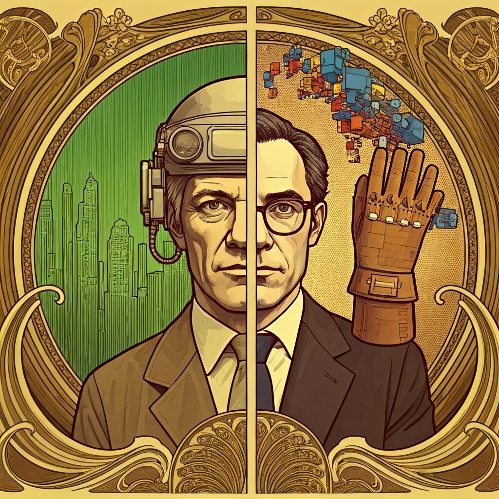 Split poster showing Sutherland with his headset beside Jaron Lanier using a data glove, framed by art nouveau lines, celebrating VR pioneers