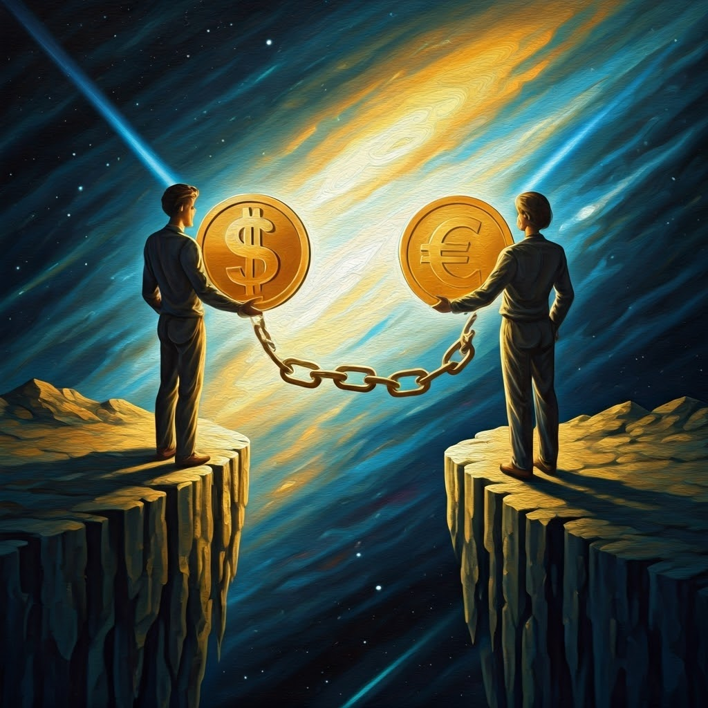 Two people exchange glowing crypto coins, one marked with a dollar sign and the other with a euro sign, linked by a luminous chain in space.