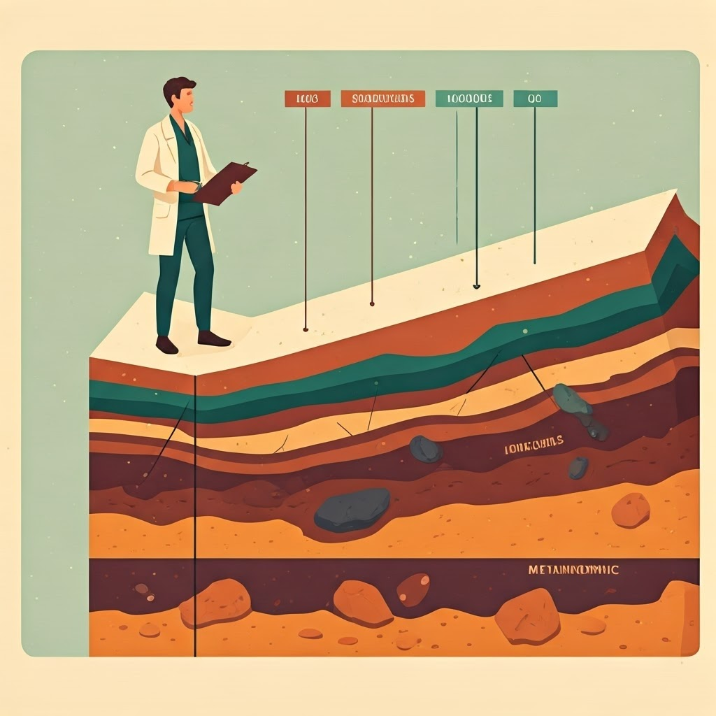 Illustrated cross-section labeling igneous, sedimentary, and metamorphic rock layers with a geologist pointing to each.