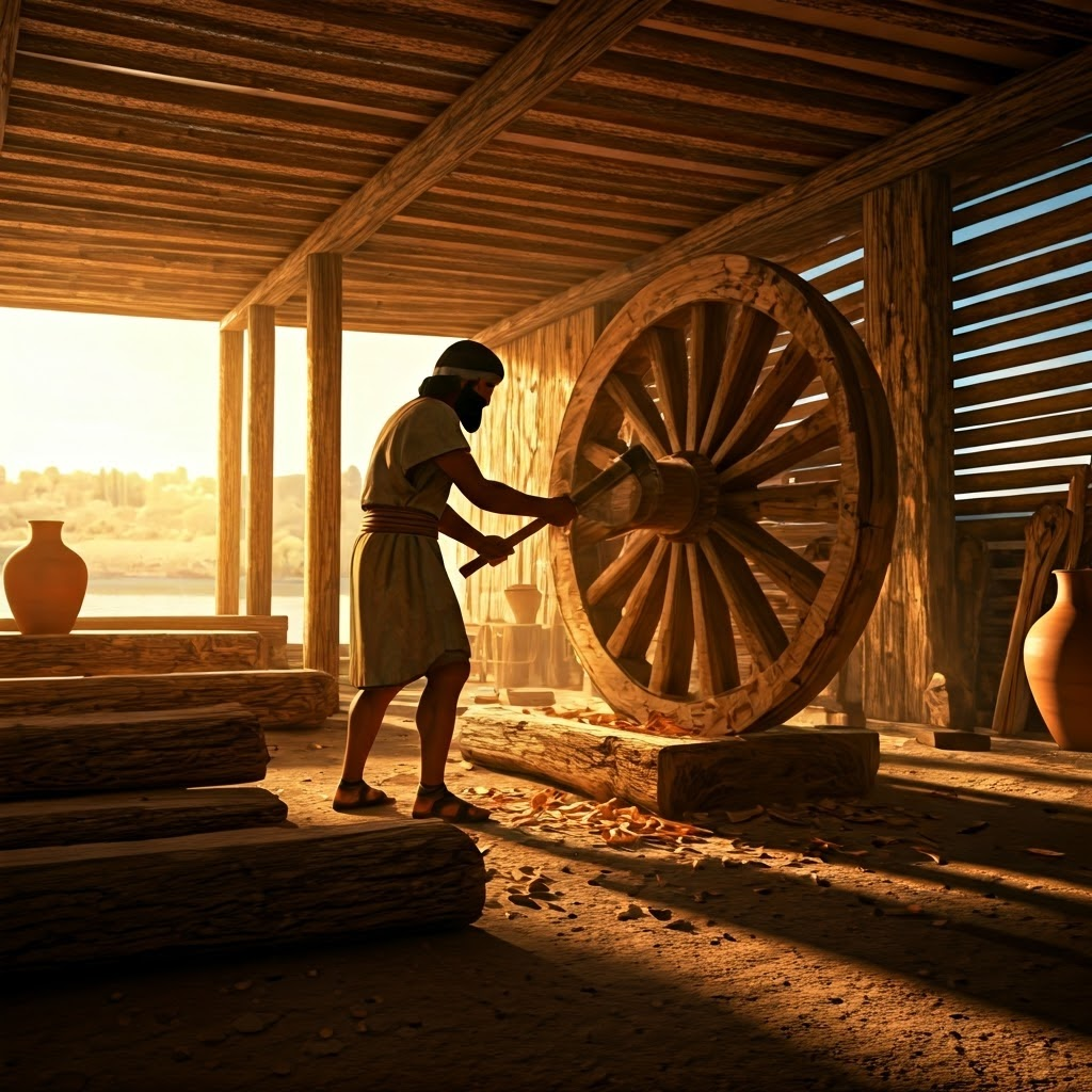 Ancient Mesopotamian carpenter carving a wooden wheel beside the Euphrates, showing early wheel construction techniques.
